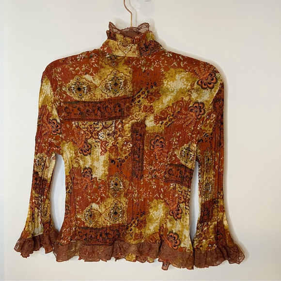 VINTAGE Lloyd Williams Long Sleeve Blouse Print Plisse Lace Trim High Neck (CN) - Picture 5 of 16